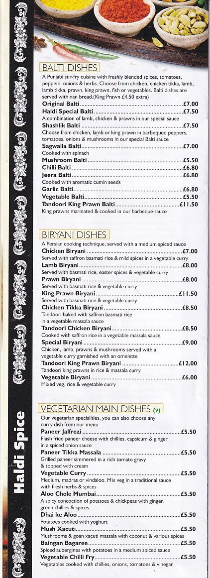 Menu of Haldi Spice Neath