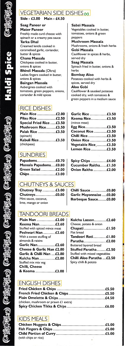 Menu of Haldi Spice Neath